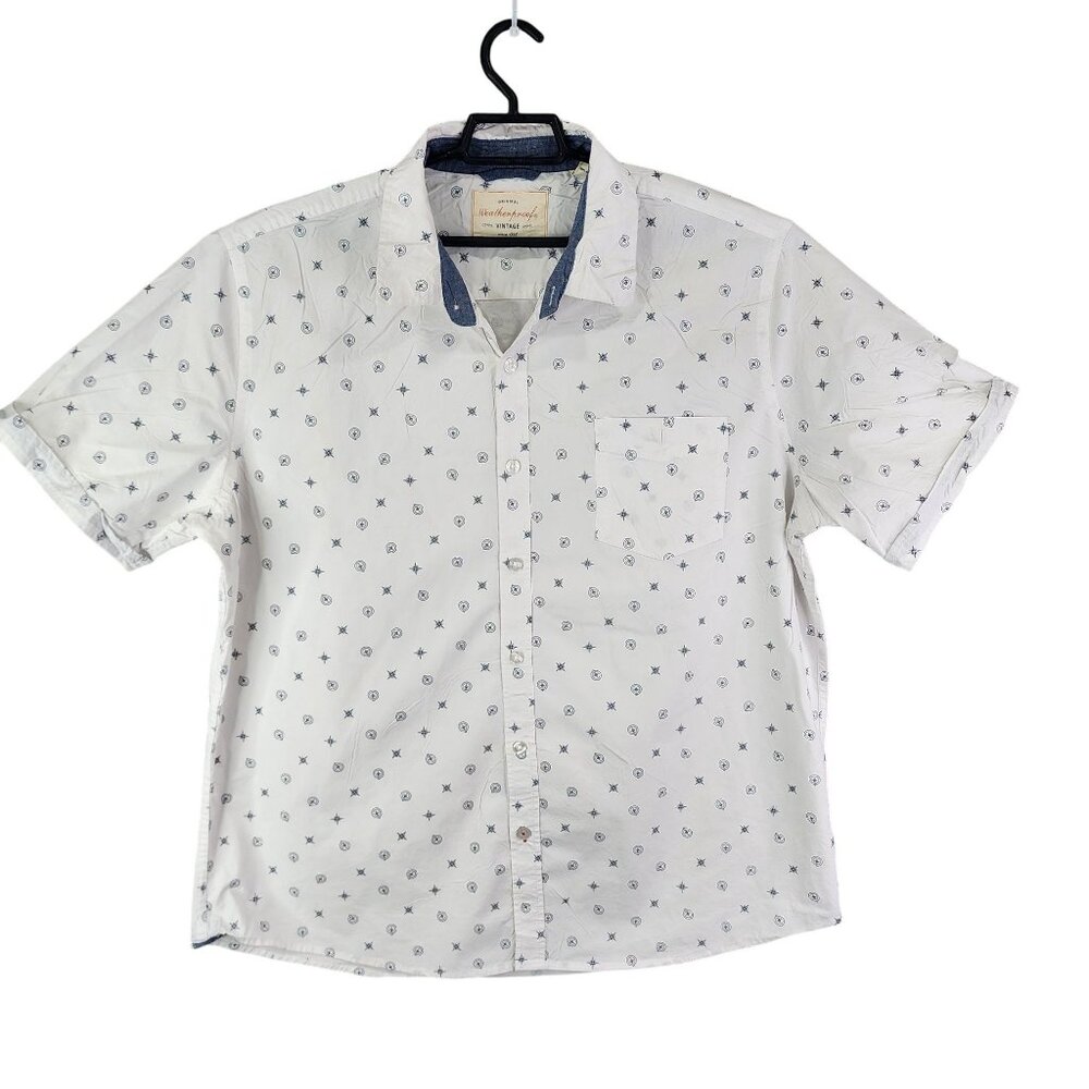 Mens Weatherproof Vintage Shirt White & Navy Short Sleeve Button Up Size XXL